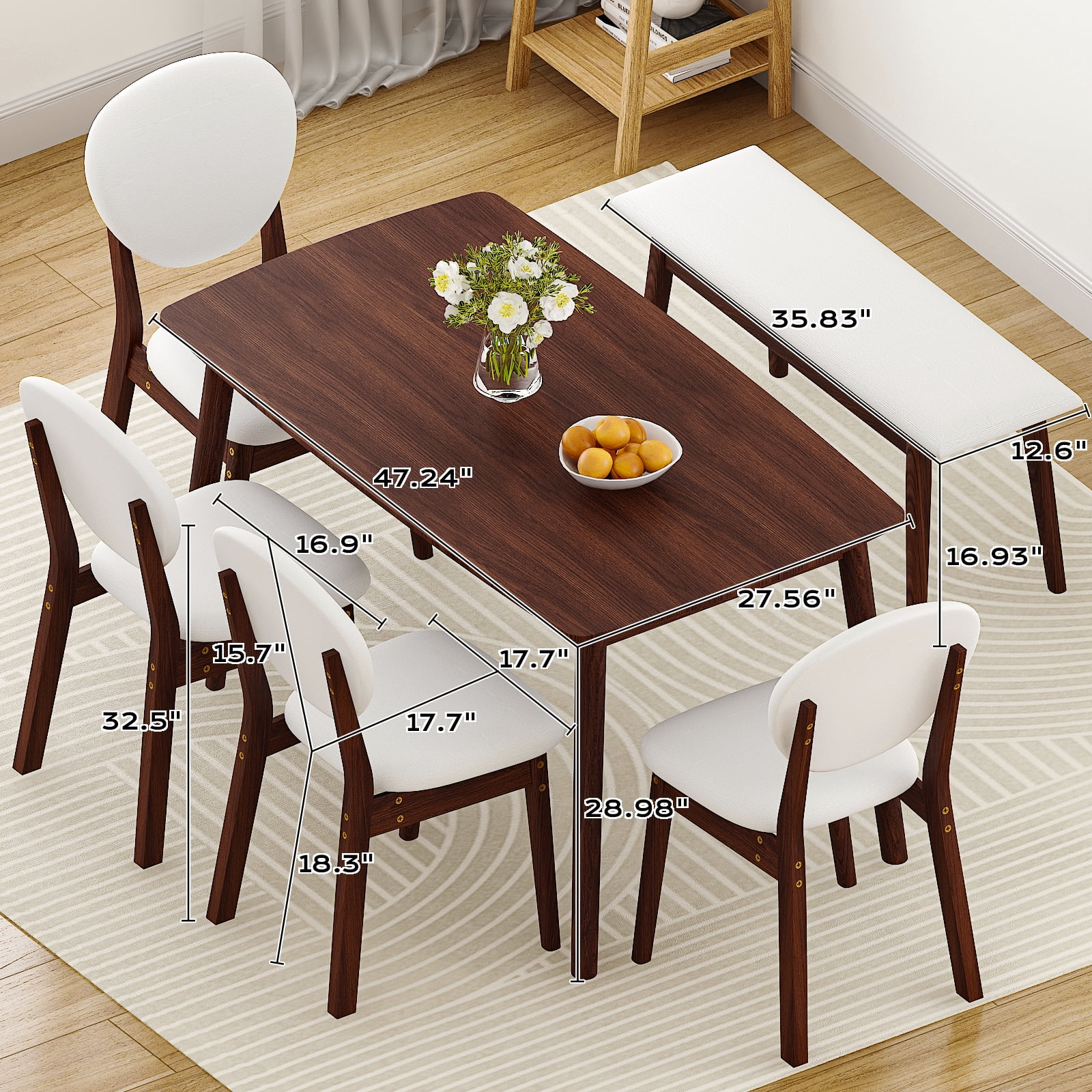 Ktaxon Solid Wood Dining Table Set for 6, Mid-Century Dining Room Table with 4 Padded Chairs & Bench, 47.3" Dining Room Set for 4~6 Family Use, Walnut