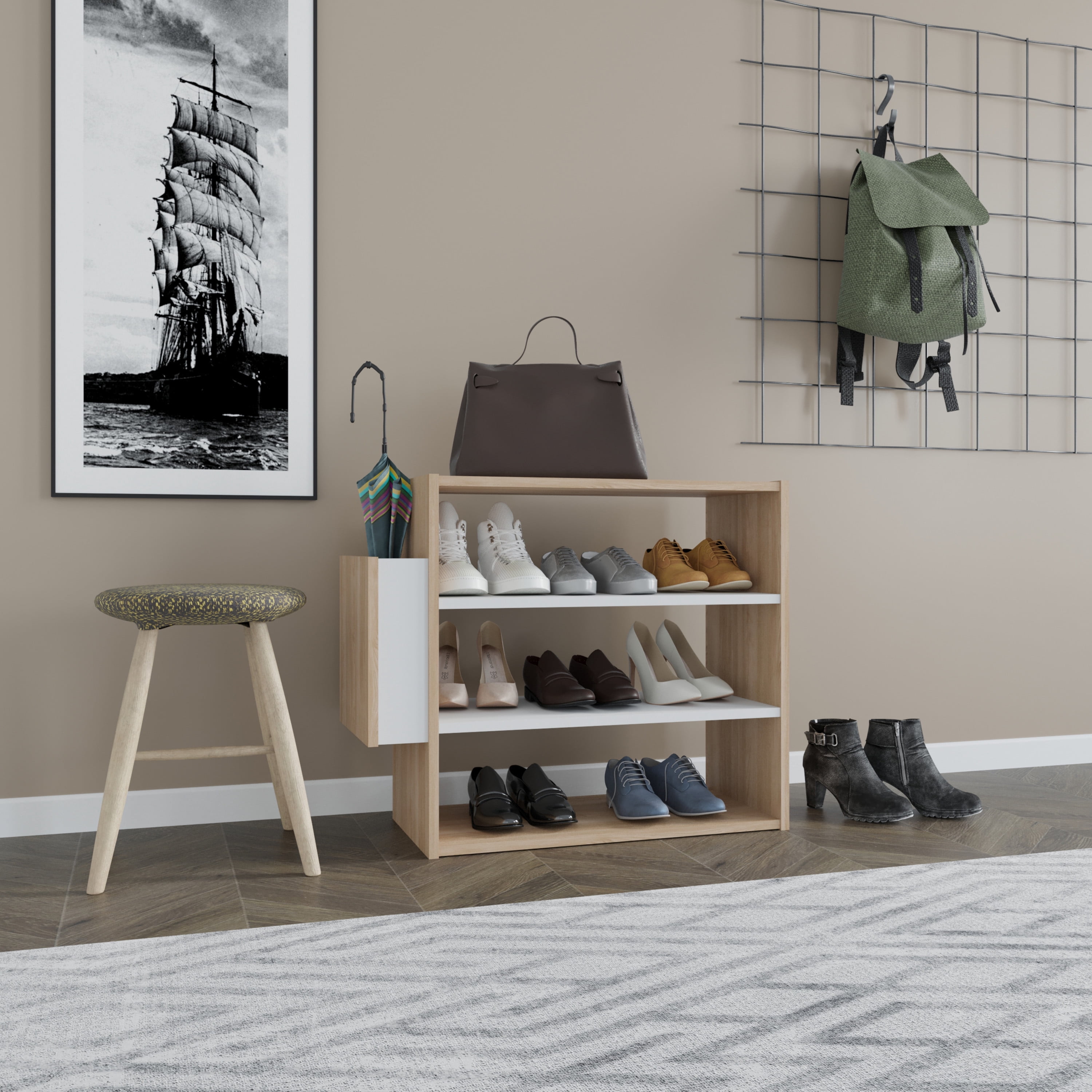Ada Home Decor Furniture 3 Tier 9 Pair Oak White Manila Modern Shoe Rack
