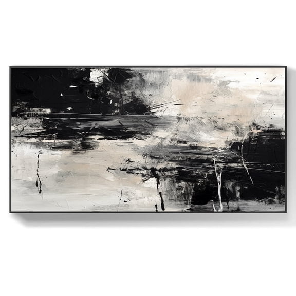 Large abstract black and white painting, white textured art original canvas painting large black and white wall art,(41*81cm)16*32 Inches,Unstretched,Frameless