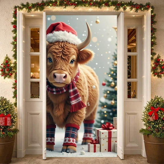 Christmas Banner Highland Cow Theme Xmas Backdrop Banner Holiday Party Decoration Banner Sign Photo Booth Prop for Holiday Indoor Outdoor Party Supplies
