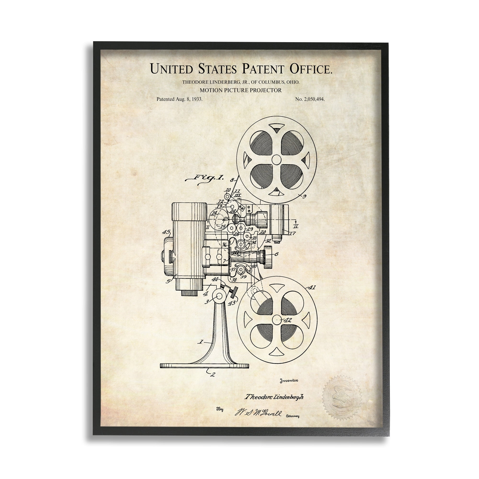 Stupell Industries Motion Picture Projector Patent Design Blueprint Diagram Framed Wall Art, 11 x 14, Design by Karl Hronek