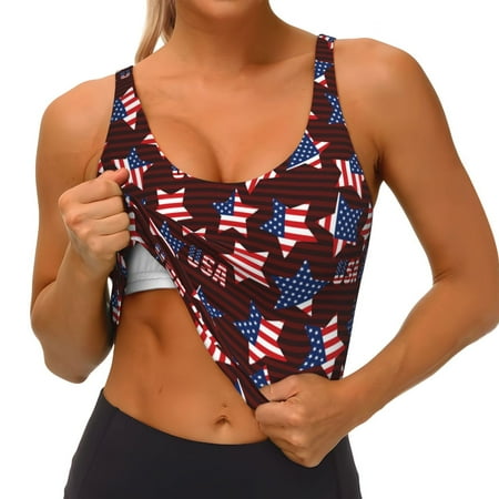 Qokaie American Stars1 Pattern Womens Scoop Neck Sports Bra Breathable Workout Vest Padded U Back Medium Impact Fitness Gym Yoga Bra Workout Crop Top