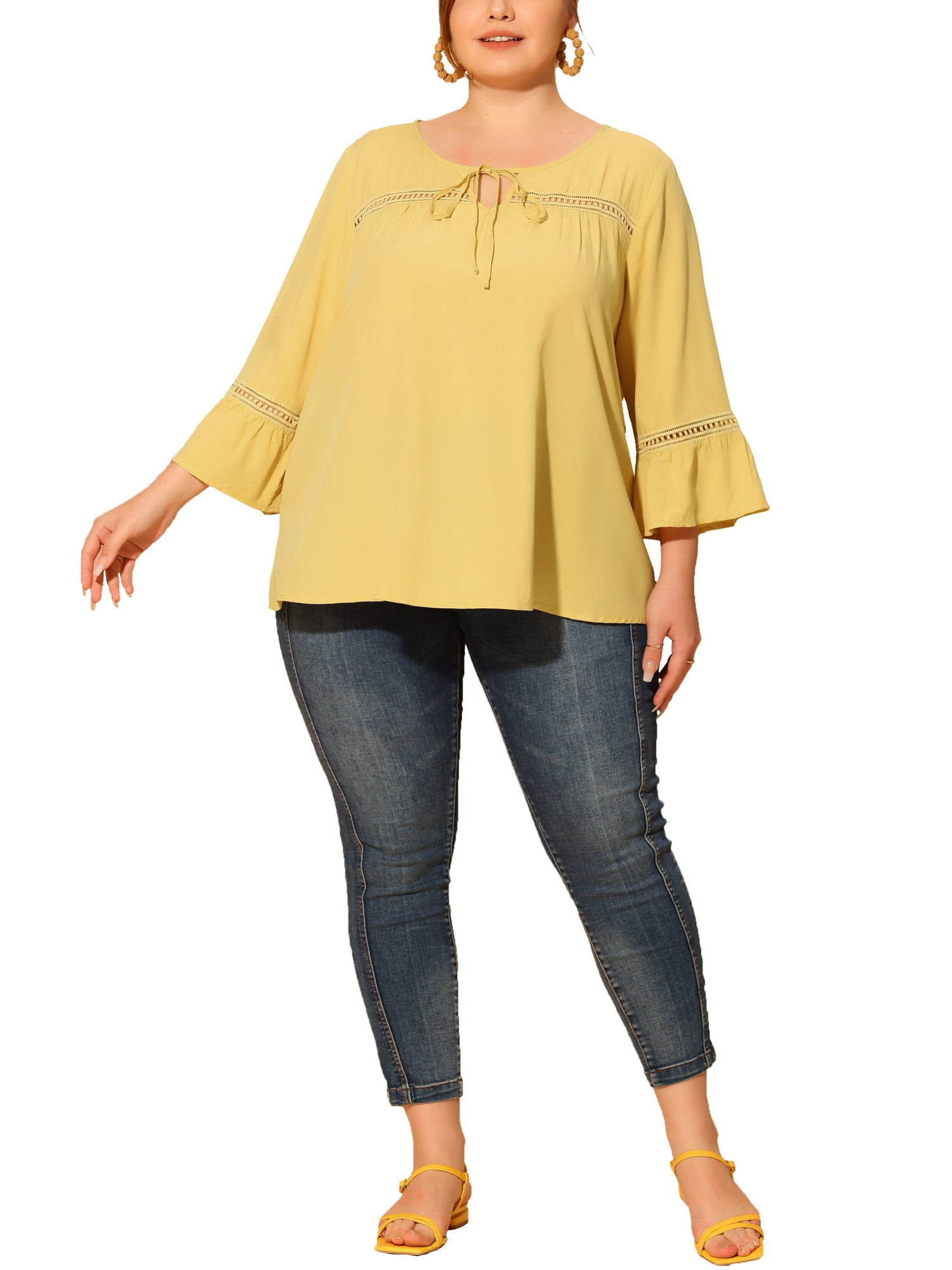 Unique Bargains Women's Plus Size Tie Neck Lace Insert 3/4 Flare Sleeve Blouses