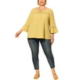 thumbnail image 2 of Agnes Orinda Women's Plus Size Lace Insert Tie Neck 3/4 Flare Sleeve Blouse 1X Light Yellow, 2 of 7