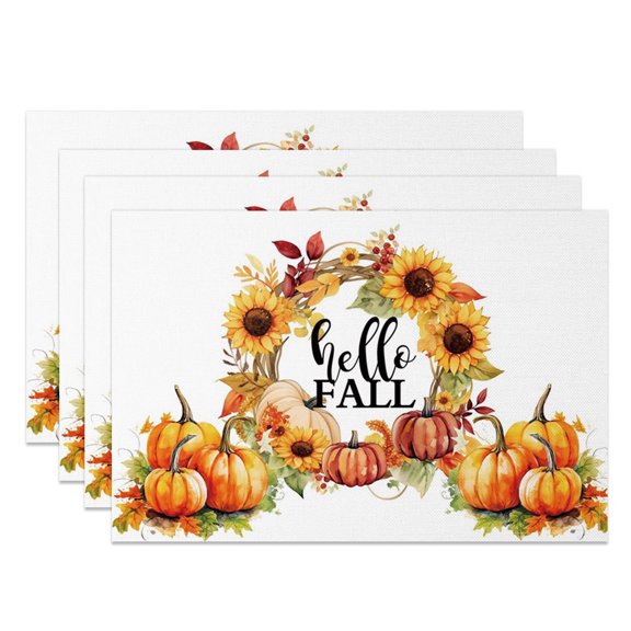 SUNOLIFE Fall Thanksgiving Placemats Set of 4,Pumpkins Sunflower Autumn Table Decorations 12x18 inch