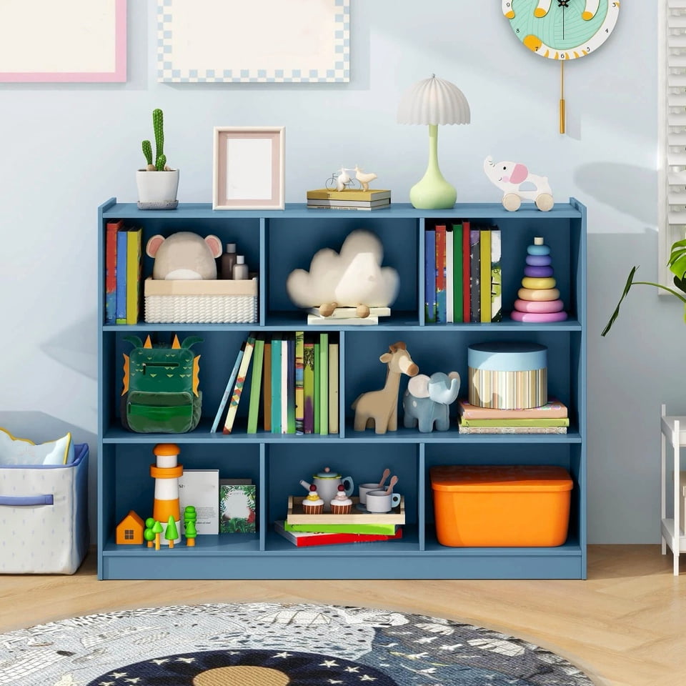Auranook 8 Cube 3-Tier Open Wooden Bookshelf Toy Storage Organizer w/ Anti-toppling Kits