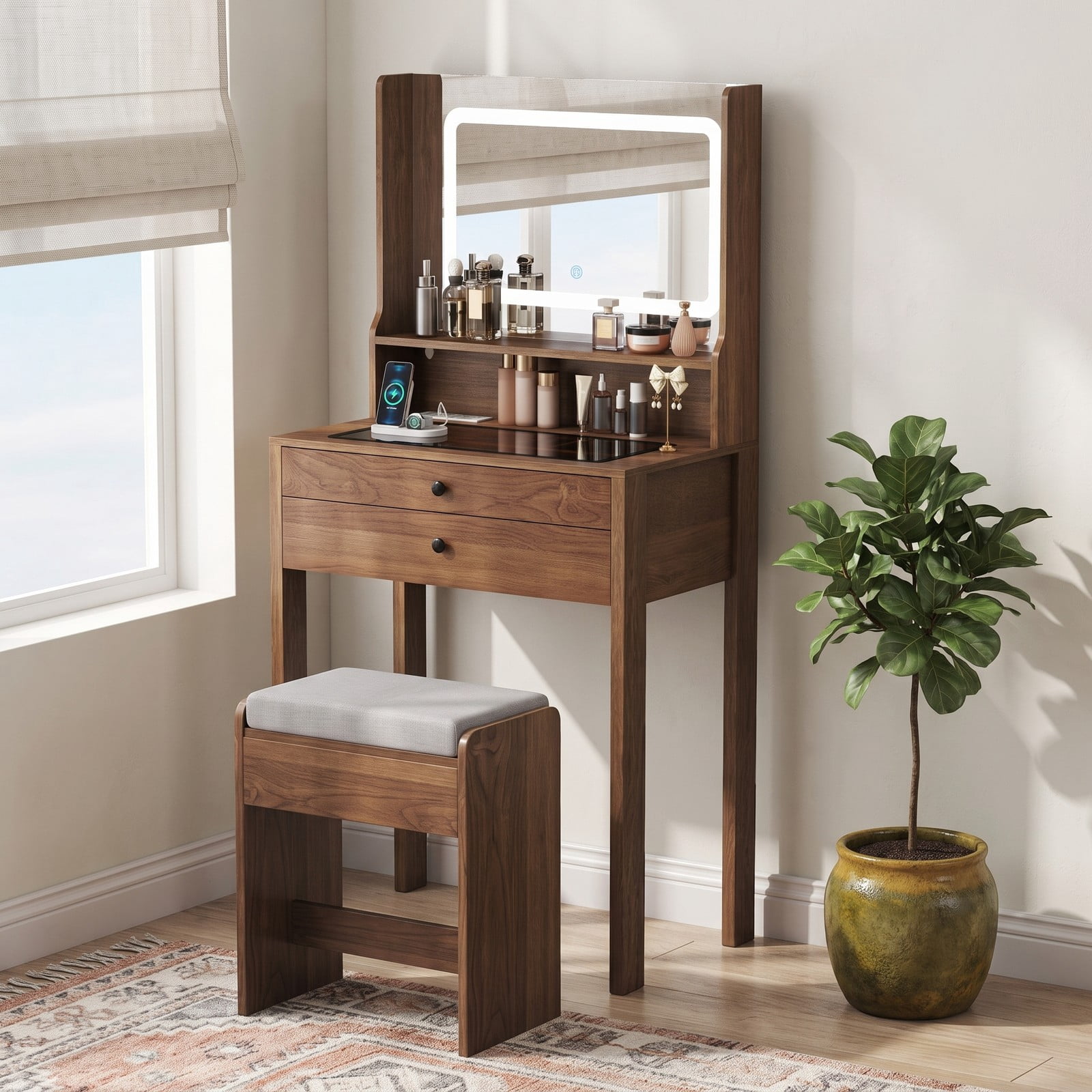 Furnibear Small Vanity Desk with 3 Mode Lighted Mirror and Charging Outlets and Cushioned Storage Stool for Small Bedroom and Makeup, Natural