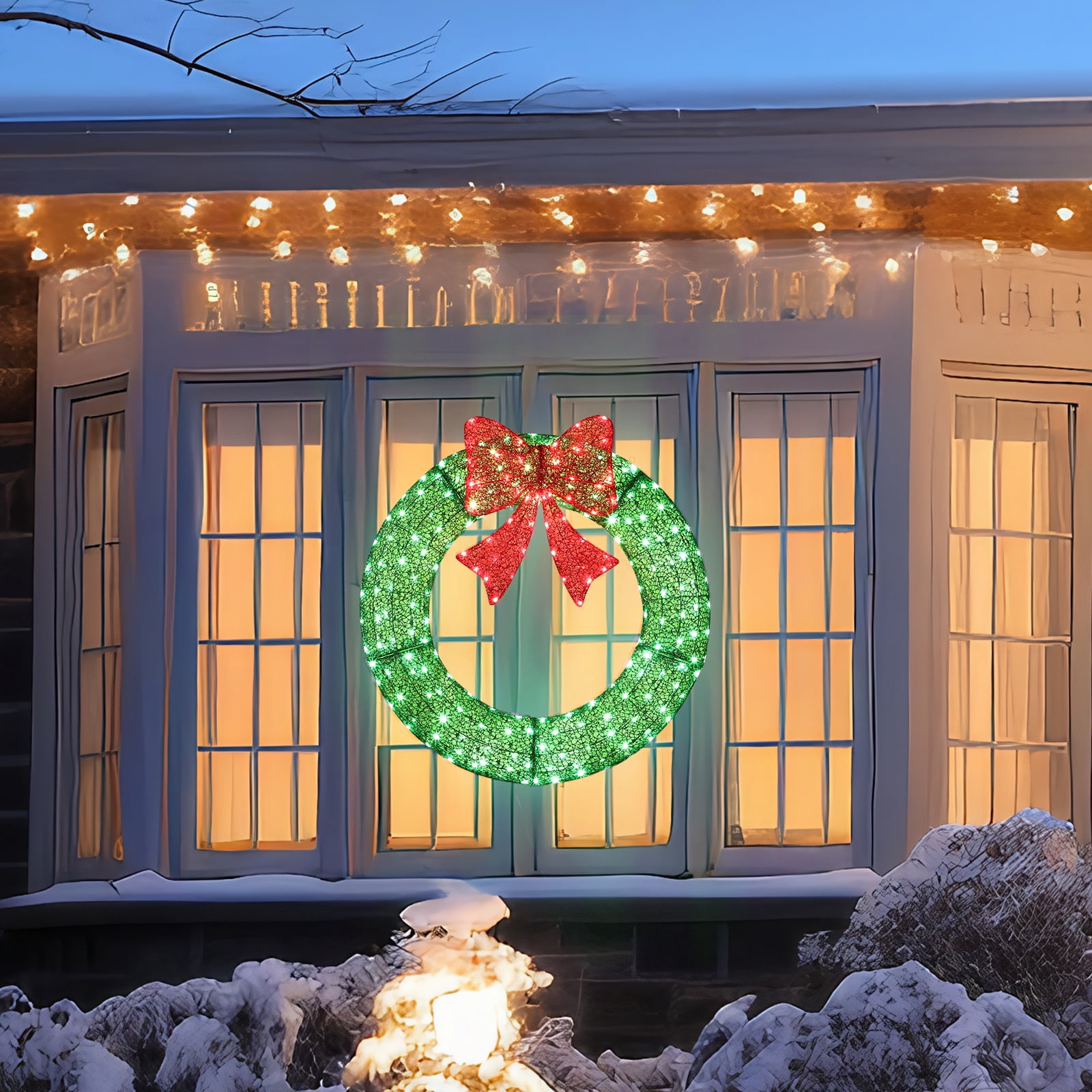35.4" Pre-Lit Outdoor Christmas Wreath with Red Bow, 225 Red Green LED Lights Remote Control Timer Weather-Resistant Metal Frame for Indoor Outdoor Front Door Porch Gate Holiday Decor