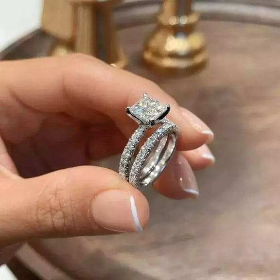 2.00 Ct Princes Cut Natural Moissanite Bridal Set Engagement Ring 14K White Gold Plated