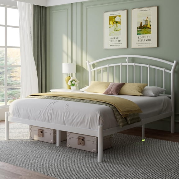 Laisnet Full Size Metal Platform Bed Frame with Vintage Headboard, Sturdy Steel Slat Mattress Foundation with 12" Under-Bed Storage, White