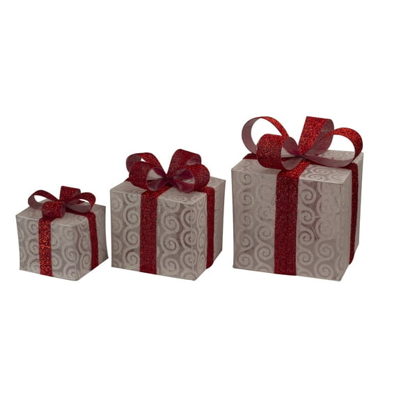 3 Piece Lighted White Gift Box Set with Red Ribbon and Bow