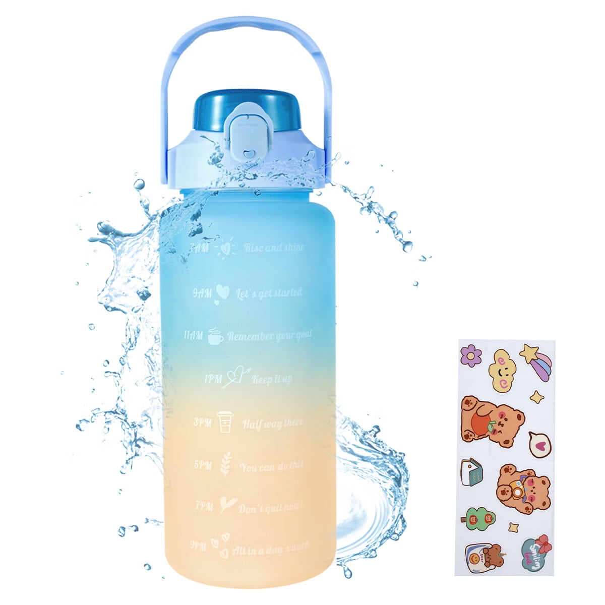 2L Large Capacity Water Bottle Motivational Water Cup with Time Marker Portable Drinking Bottle with Handle and Straw Sport Water Jug with Stickers for School Travel Home Office