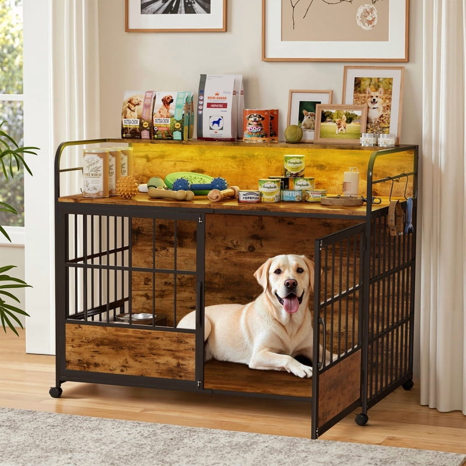 Homall 44.1" Wooden Furniture Style Crate for Dog with Dual Desktops, Rounded Side Armrests, Multi-Color LED Lights