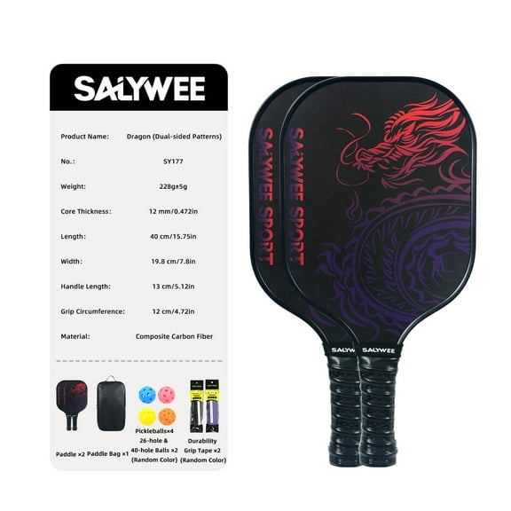 SALYWEE Dragon Element Fiberglass Pickleball Paddle with Free Bag- Matte Finish, Two-Tone Face, 2 Paddles Pack