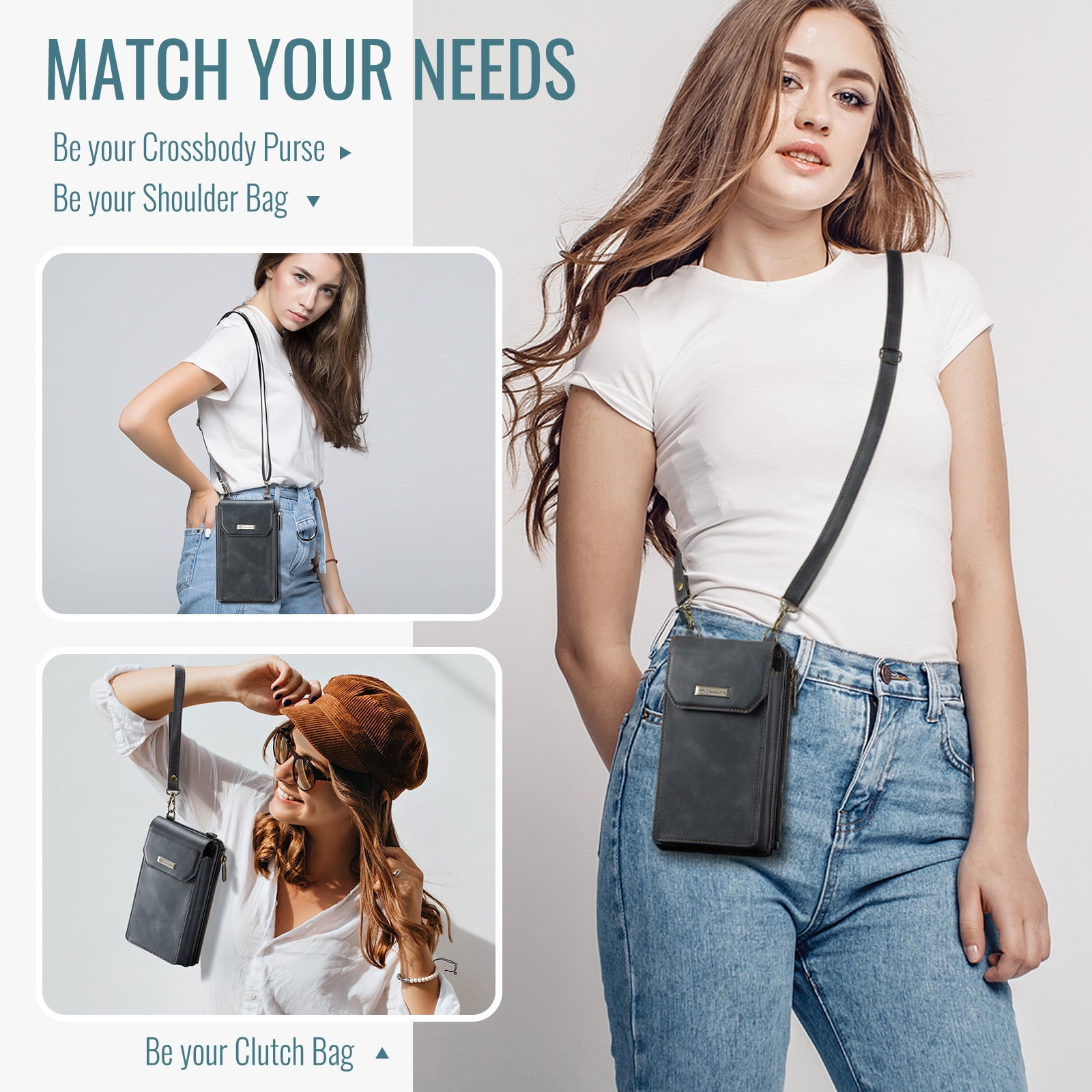 Crossbody Cell Phone Purse Bag for Women Men, Small Leather Wallet with 10 Card Slots,Zipper Pocket & Adjustable Strap Shoulder Bag Clutch with Magnetic Closure Fits Most Smartphones Under 7.3",Black