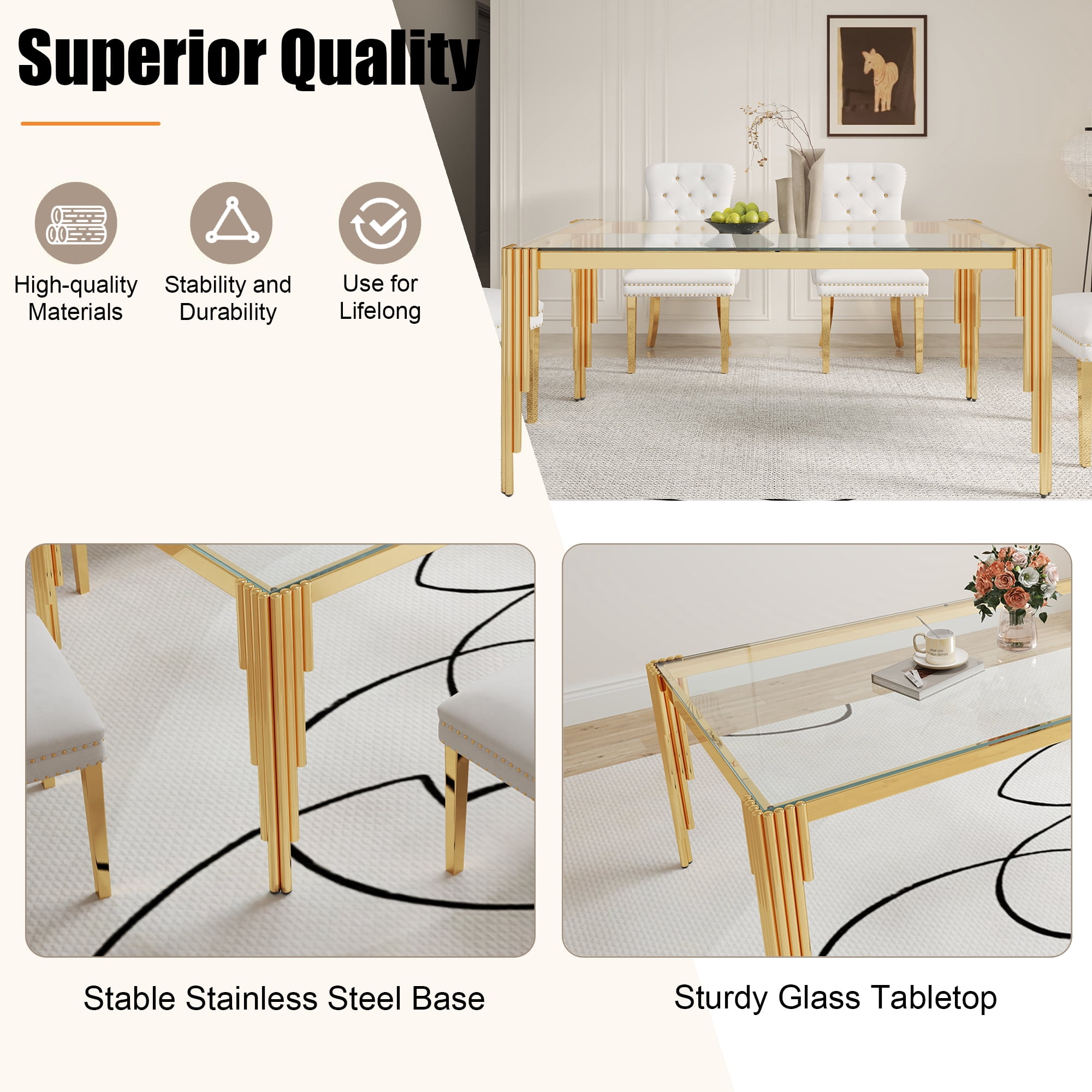 52.7" Rectangular Clear Tempered Glass Dining Table for 4 People, Modern Kitchen Table with Irregular Stainless Steel Legs, Dining Table for Small Space, Apartment Studio, Home Office