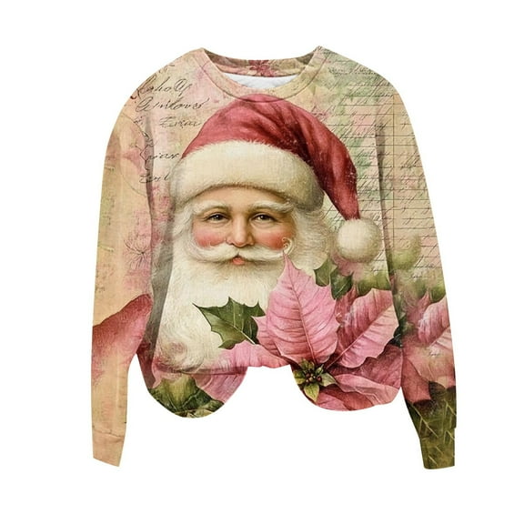 Cavosen Christmas Women's Plus Size Tops Crew Neck Long Sleeve Cute Pullover Santa Solid Stretch Blouses Lightweight Party Shirt Tops