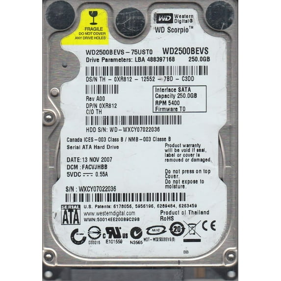 WD2500BEVS-75UST0, DCM FACVJHBB, Western Digital 250GB SATA 2.5 Hard Drive
