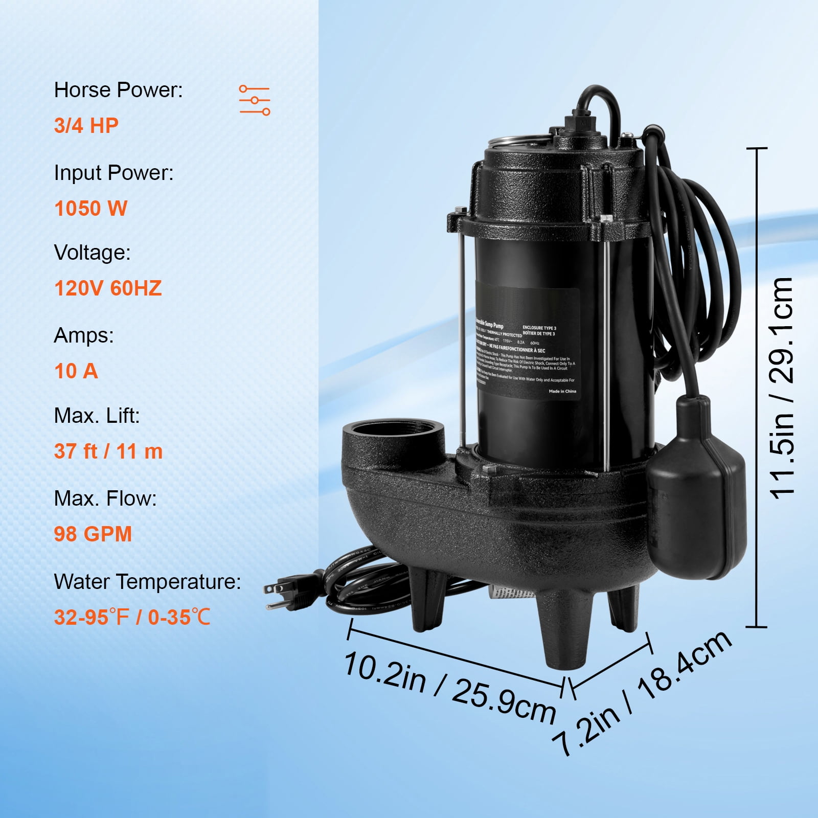 KFFKFF 3/4 HP Submersible Sewage Pump Water Pump, 5880 GPH Cast Iron Sump Pump, Comes with 2" Discharge and 10 ft Tandem Float Switch, Perfect for Septic Systems, Cellars, 1050W