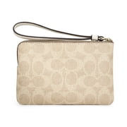 Coach Women's Small Corner Zip Wristlet in Signature Canvas with Stripe (Sand / Chalk)