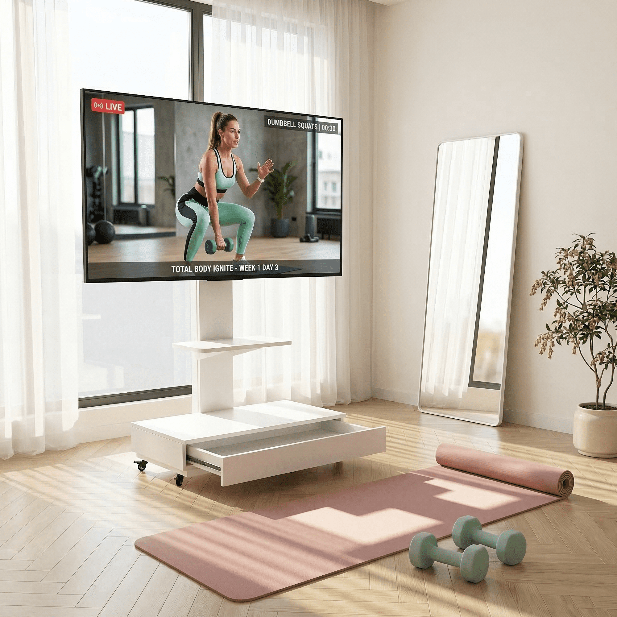 Homy Casa Mobile TV Stand for 32-75 Inch TVs with Wheels, Swivel Adjustable Height Storage Shelf and Drawer