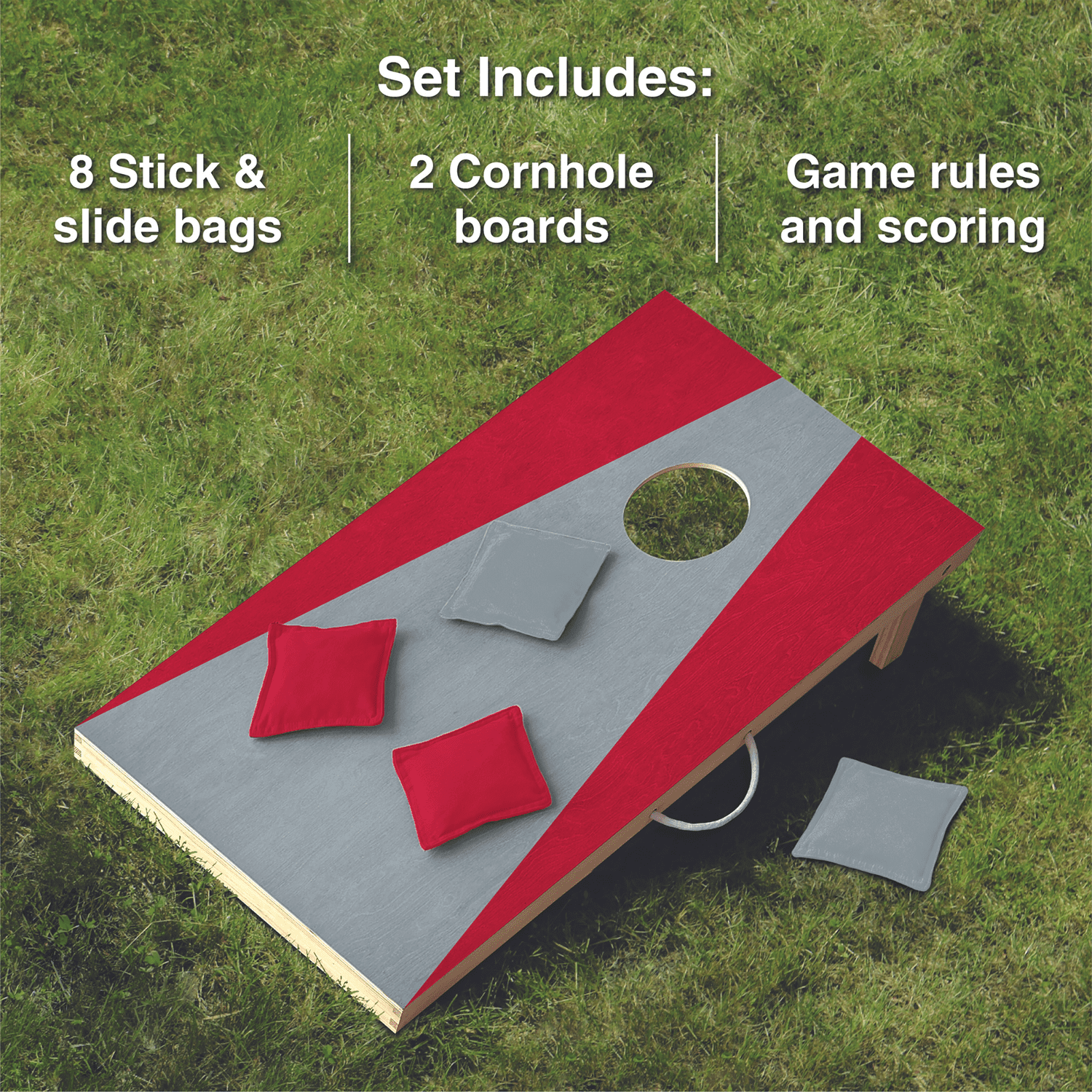 Wooden Cornhole Set, Crimson and Gray Colors, Stick & Slide Bags, 10 Pieces, 2 Boards, 8 Bean Bags, Family Games, College Games, Ages 3+ by MinnARK