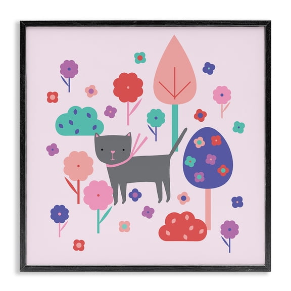 Stupell Industries Modern Pastel Whimsical Cat & Trees Black Framed Giclee Art, 12 x 12, by Sazerelli Designs