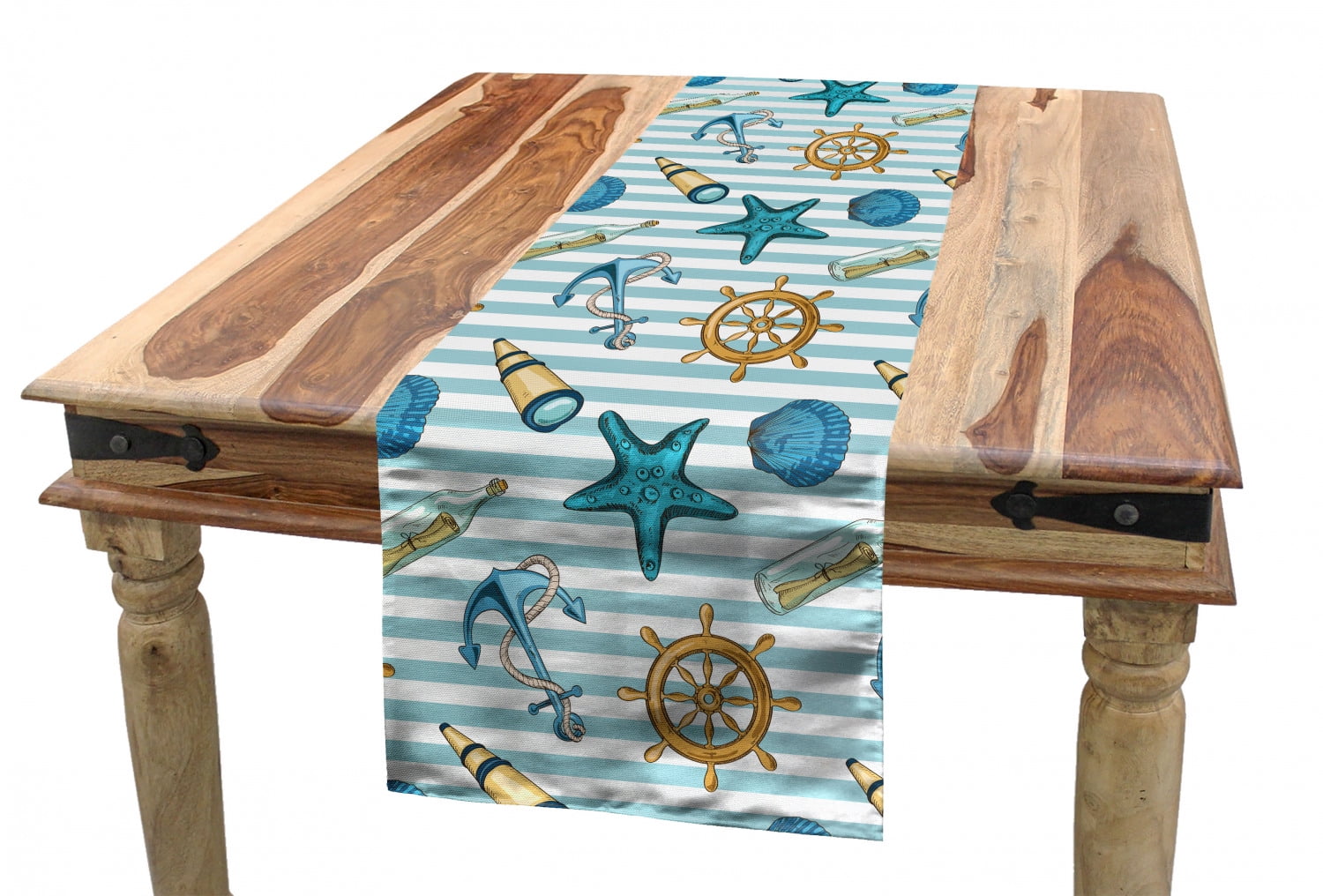 Nautical Table Runner, Marine Sea Striped Background with Anchor Wheel