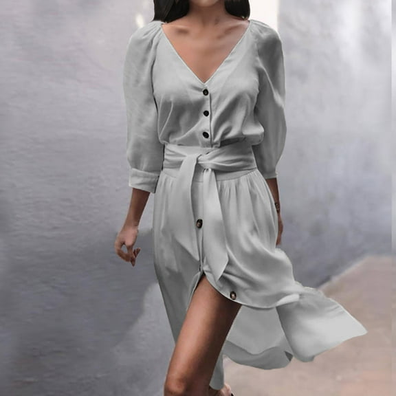Sentmoon Button Womens Dresses Long Sleeve V Neck Holiday Dresses for Women Loose Fit Knotted Solid Color Short Dresses,Loose Flowy Workout Womens Fashion Gray L
