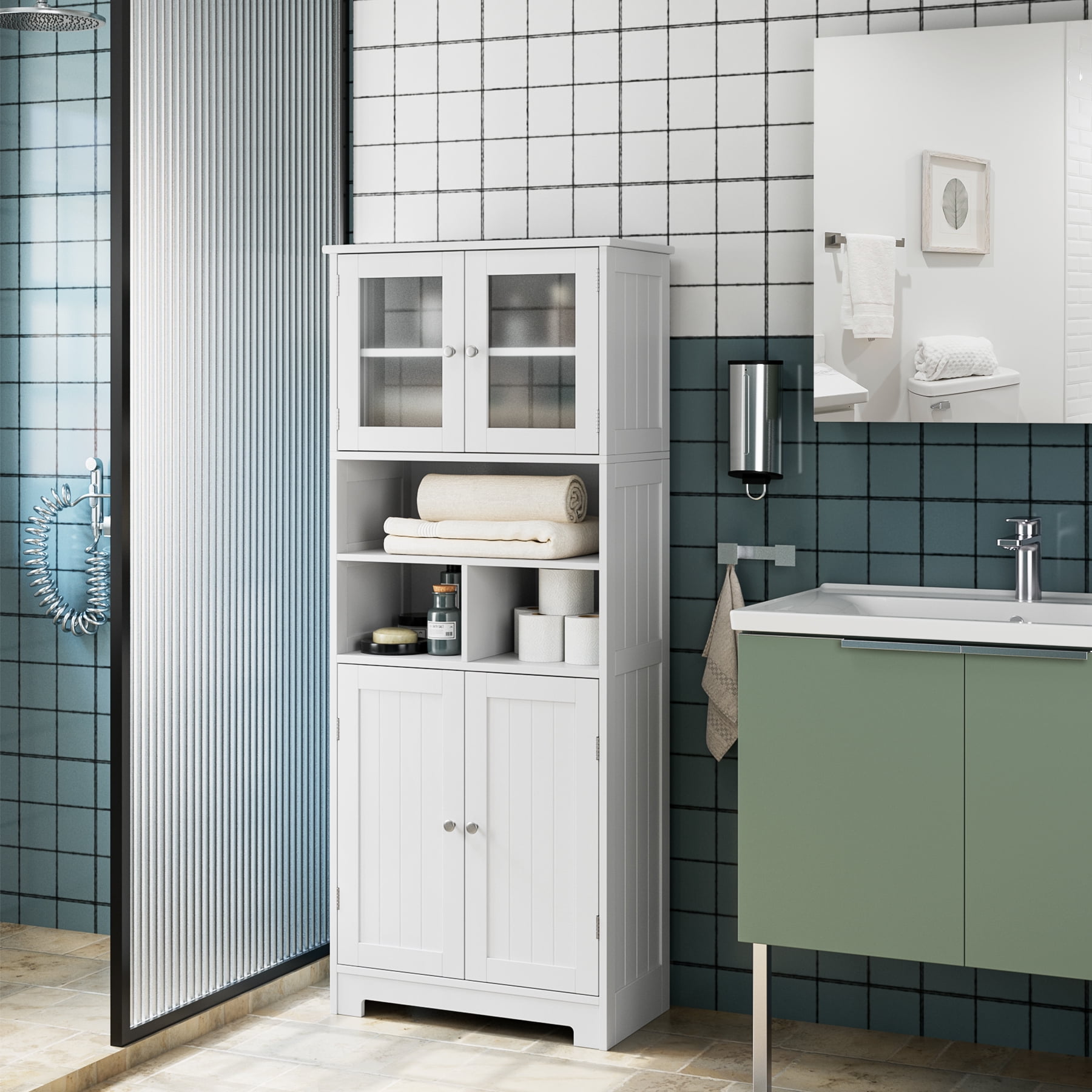 Homfa 58'' Tall Bathroom Cabinet with Doors and Shelves, Kitchen Hutch Linen Cabinet, White