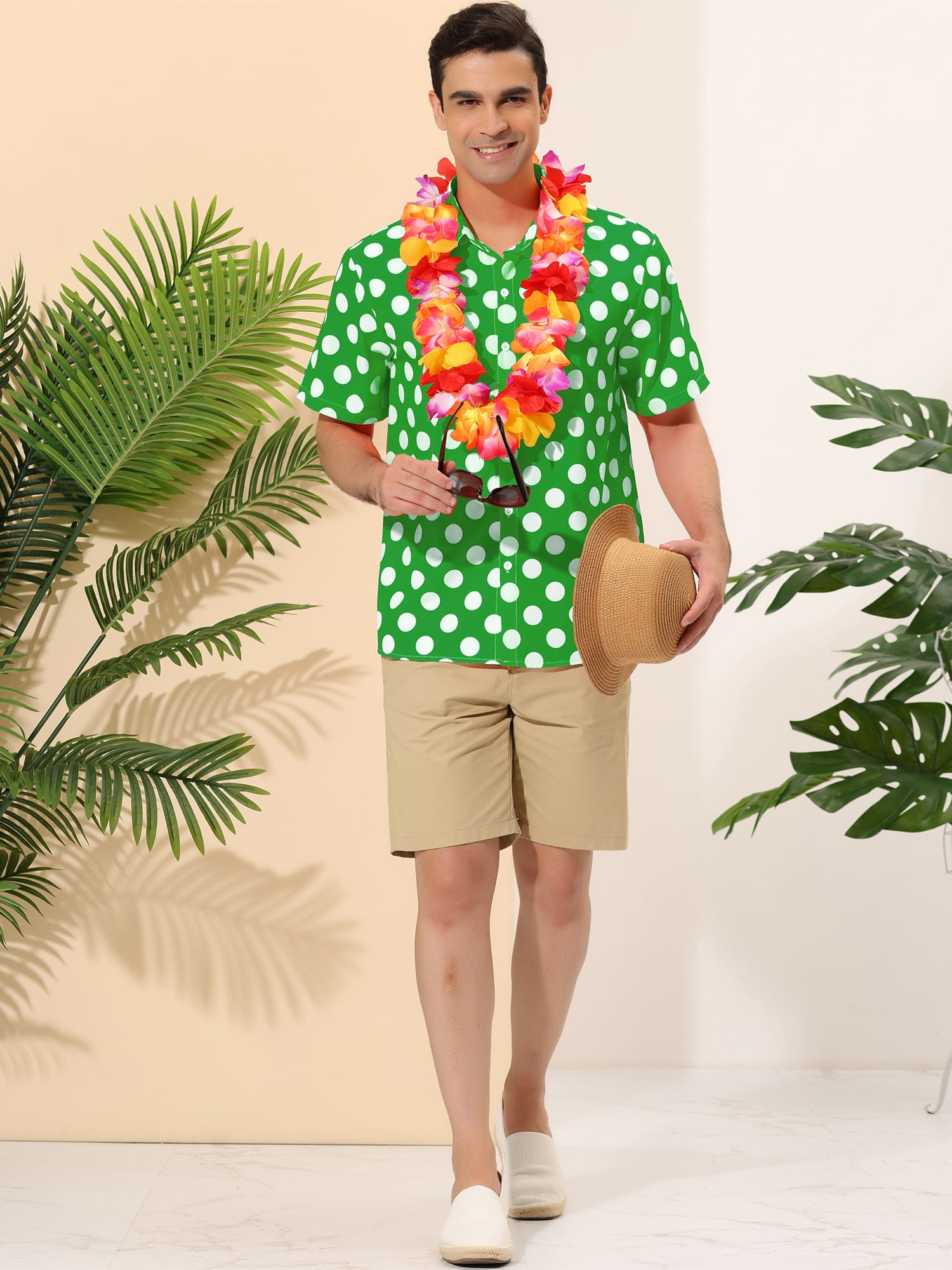Unique Bargains Men's Summer Polka Dots Shirt Button Down Short Sleeves Shirts 2XL Green