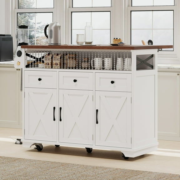 46.5" Large Kitchen Island on Wheels with Drape of Beads, Power Outlet, Adjustable Shelves, Sturdy Kitchen Cart with Drop Leaf, 3 Doors, 3 Drawers and Built-in Iron Shelf for Dining Room, White