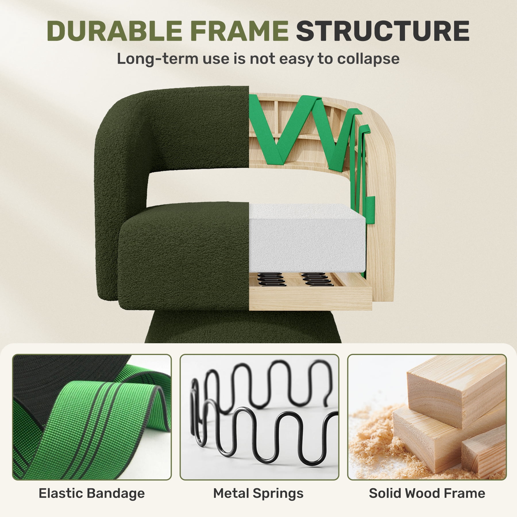 MOONMISS Swivel Barrel Accent Chair,Oversized Teddy Upholstered Round Swivel Chair,Modern Luxury 360 Degree Living Room Vanity Chair for Bedroom Office,Green