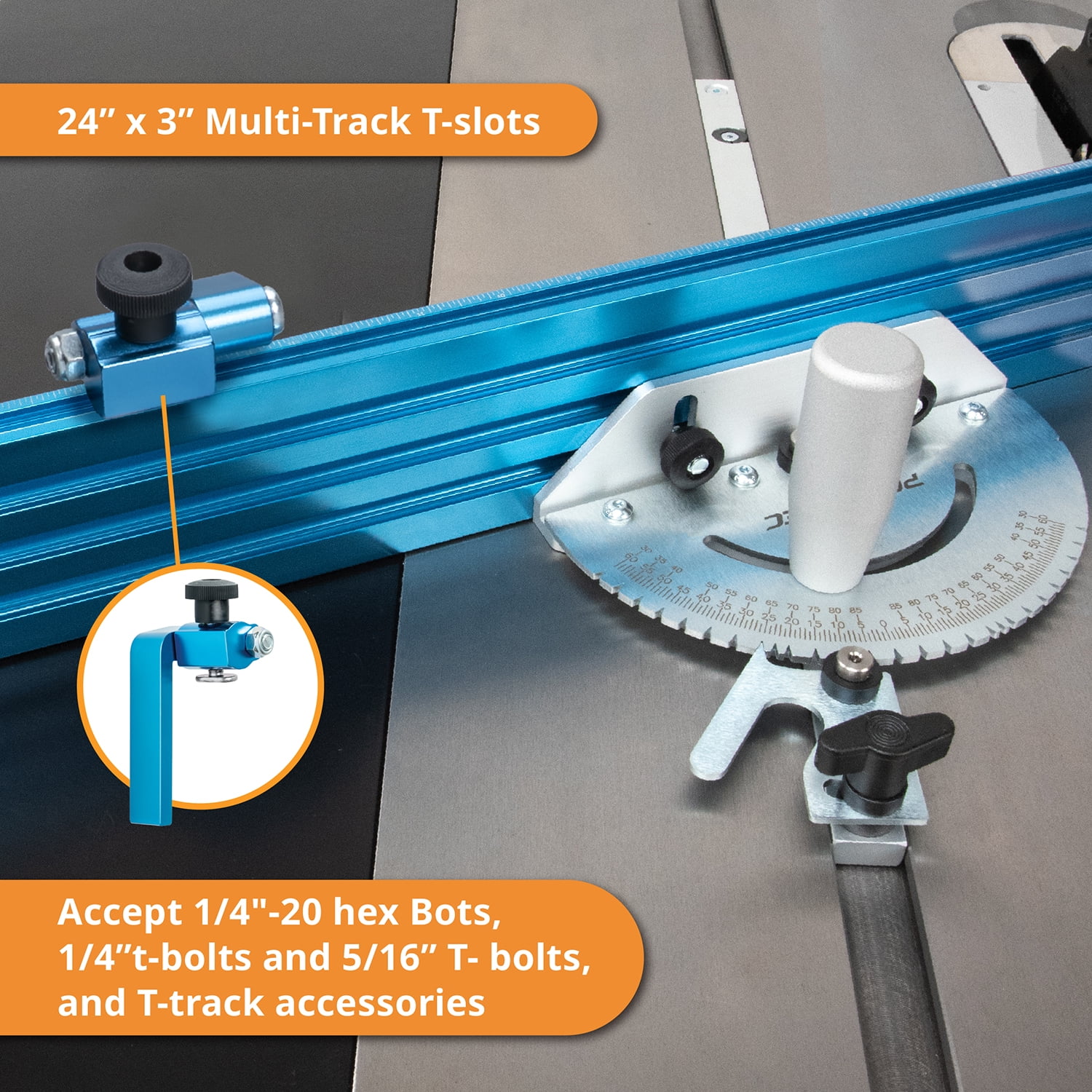 POWERTEC Table Saw Precision Miter Gauge System w/ 27 Angle Stops and 3/4”x 3/8”T-Slotted Miter Bar w/Removable T-Slot Plate; Includes 24”x 3” Multi T–Track Fence w/Scale, T-track Flip Stop, 71391