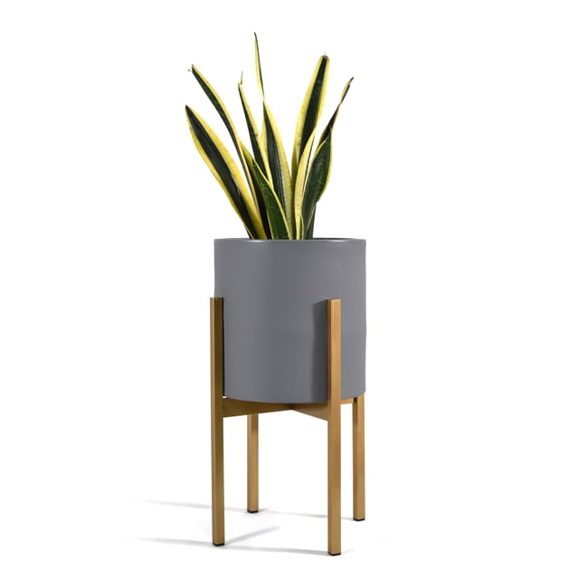 Maceta Cilindro Gris Moderna Macetas y Maceteros Base De Metal Dorada Interior/ext Estilo moderno elegante y minimalista