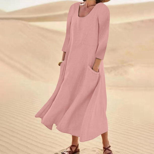 Mejor Belleza Women's cotton linen dresses summer midi dresses with pockets Mejor Belleza Vestido boho;Vestidos largos de playa;Flowy with ruffled hem