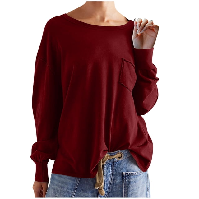 FAIWAD Crewneck Sweatshirt for Women Oversized Long Sleeve Tops Casual Drop Shoulder Fall Clothes With Pockets