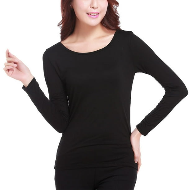 Transemion Undershirt Warm Breathable Plain Basic Pullover Ladies  Stretchable T-Shirt Top Elastic Casual Style Underwear for Female Black 
