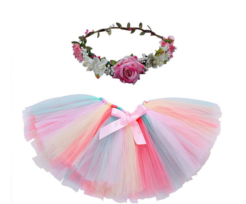JiaDuo Girls Party Layered Rainbow Tutu Skirt and Flower Crown Wreath Headband 