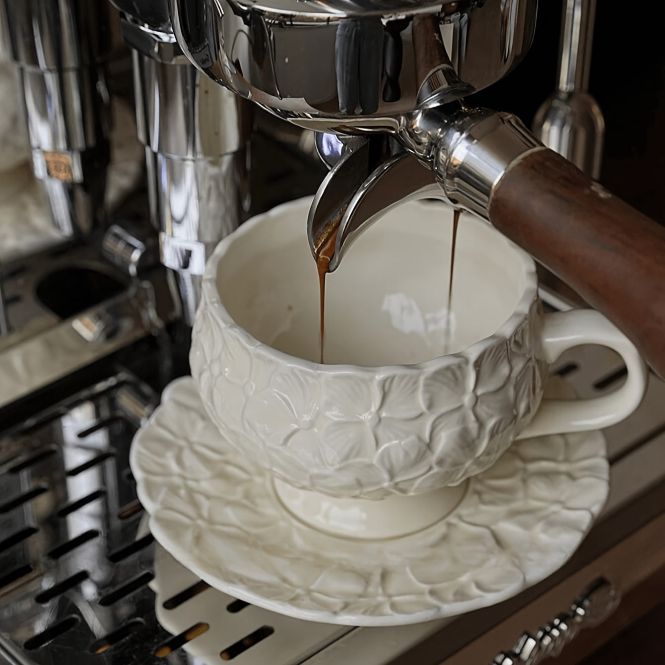 French Vintage Cream Embossed Floral Highball Coffee Cup and Saucer Set - Afternoon Tea Latte Art Cup - A unique gift choice, reusable ceramic, hand wash only, perfect for espresso, cappuccino and ot