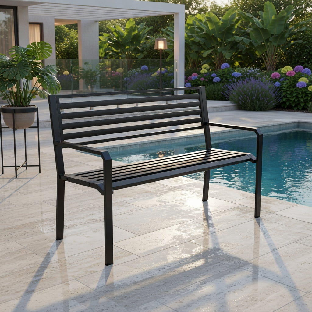 Hommoo 50" Heavy-Duty Outdoor Metal Patio Bench for 2-3 People, Slatted Garden Bench with Reinforced Frame & Non-Slip Feet, Black