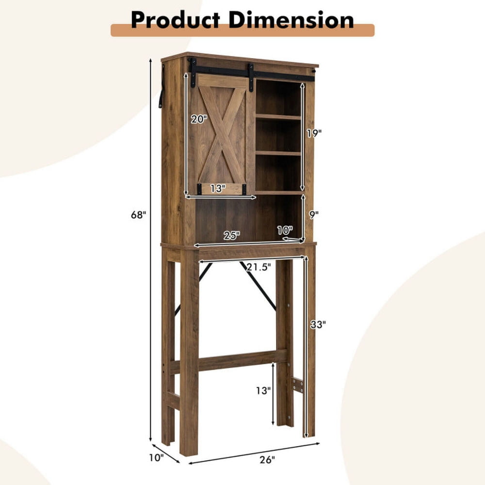Finihen Toilet Storage Cabinet, Bathroom Cabinet Organizer, Wooden Bathroom Storage Cabinet with Sliding Barn Door and 3-level Adjustable Shelves, for Bathroom, Rustic Brown