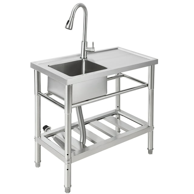 Bingirl Stainless Steel Sink,39x16x30 In Freestanding Single Sink Commercial Kitchen Sink Set with Worktop Faucet,Single Bowl Kitchen Prep & Utility Sink