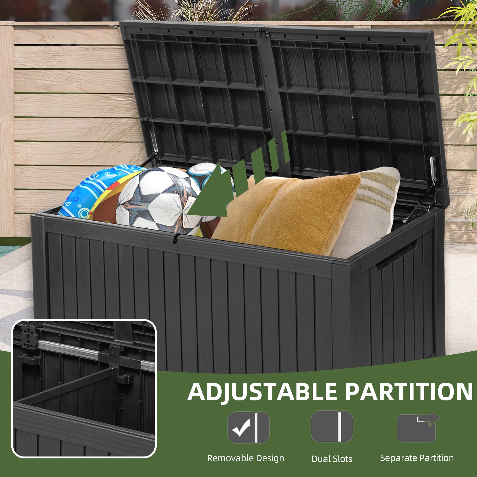 Uforic 150 Gallon Large Outdoor Deck Box, Waterproof Resin Storage with Divider, Lockable, for Patio Cushions Garden Tools Pool Supplies, Dark Black