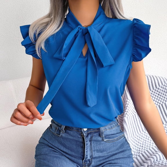 Hrsba Womens Blouses,Solid Color Ruffle Bowknot Neck Shirt Short Sleeve Chiffon Blouse Casual Tops