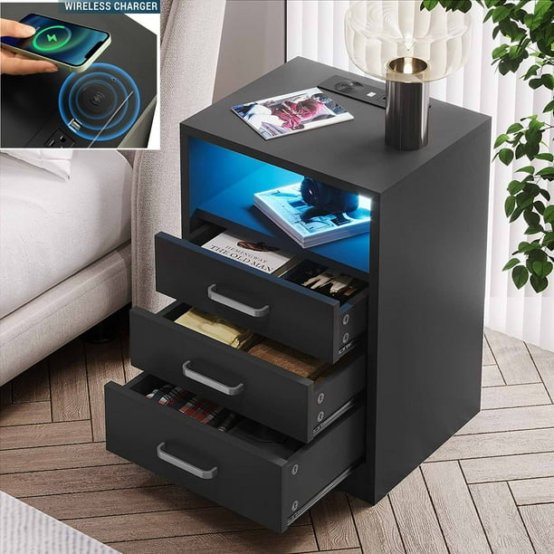 Black Nightstand with Wireless Charging Station & 3 Drawers, LED
