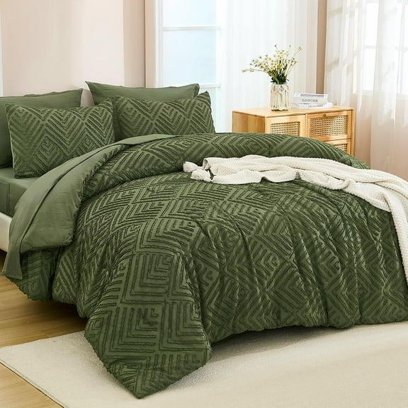 King Size Comforter Set Olive Green - 7 Pieces Bed in a Bag King Boho Olive Green Bedding Comforter Sets, Tufted Bed Set with Comforter, Sheets, Pillowcases & Shams