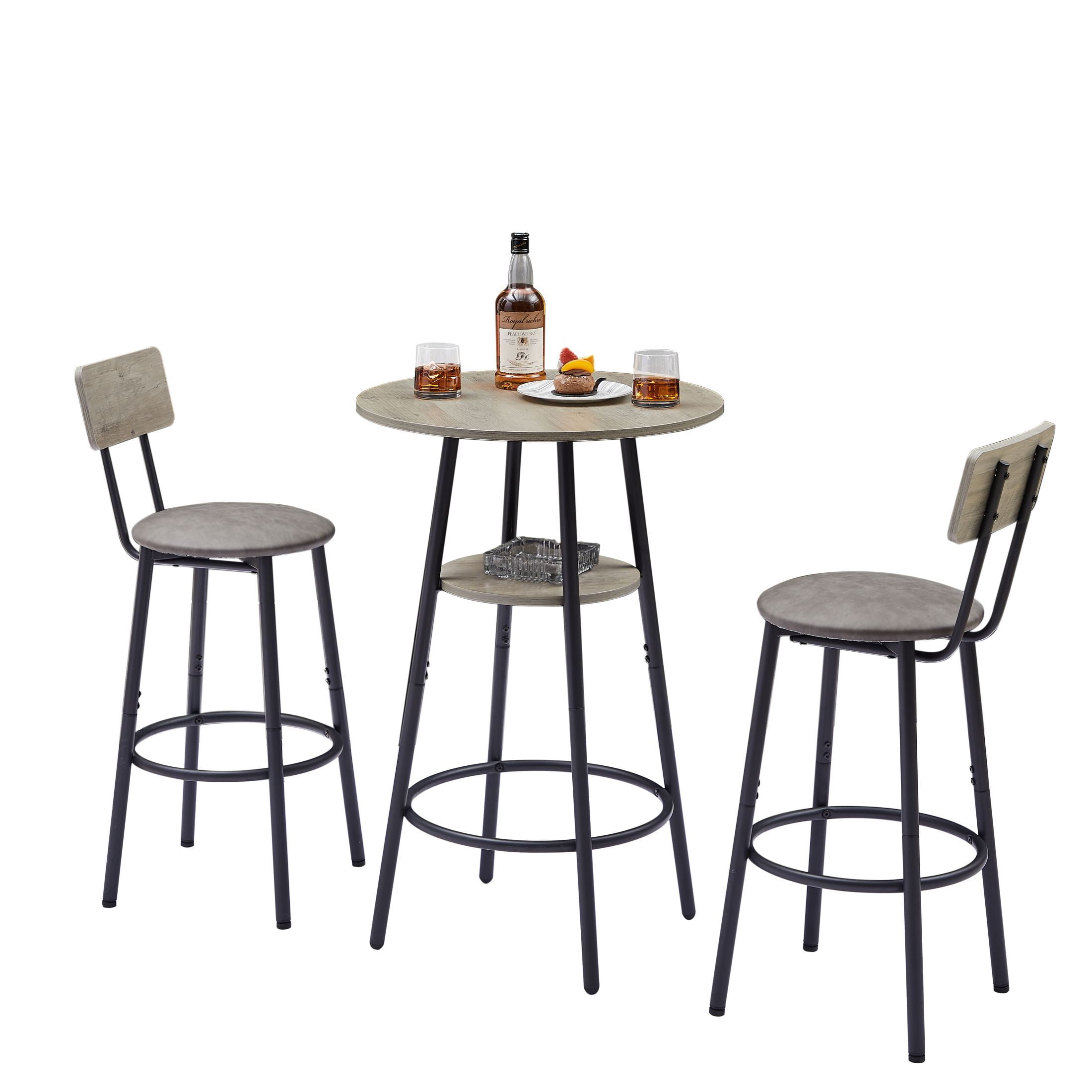 DEALTOPS Round bar stool set with shelf, upholstered stool with backrest-Grey, 23.62'' W x 23.62'' D x 35.43'' H