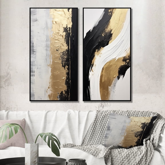 Designart "Alchemical Essence Abstract in Gold and Black II" Abstract Painting Framed Wall Art Set Of 2 - Modern Gold Framed Wall Art Set Of 2