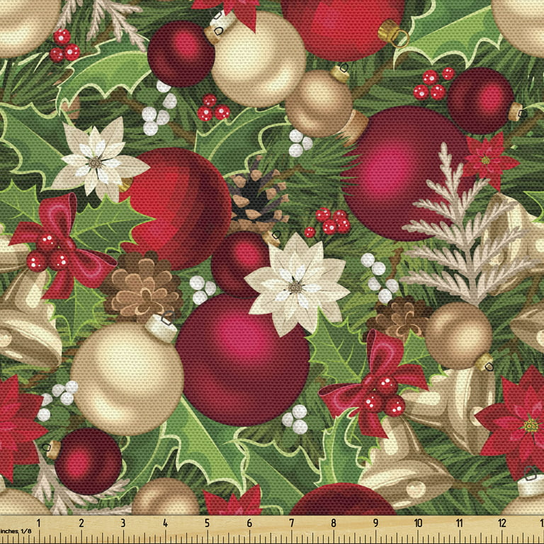Christmas Fabric by the Yard, Tree Branches Spruce Leaves Balls Bells Cones  Poinsettia Flowers Mistletoe Berry, Decorative Upholstery Fabric for